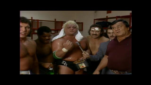 NWA: Dusty Rhodes New NWA World Heavyweight Champion backstage 1985