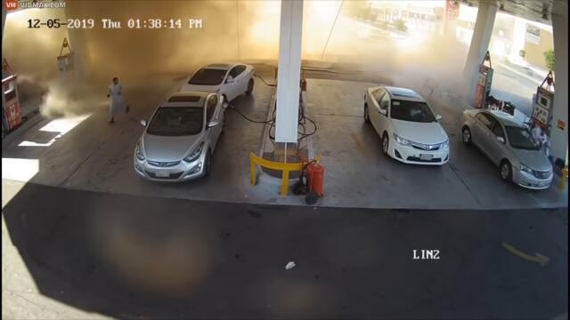 An underground gas tank exploding at gas station in Madinah
