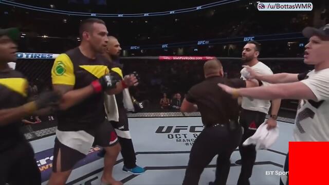 Fabricio Werdum kicking Edmond Tarverdyan in an "almost" brawl after his fight with Travis Browne