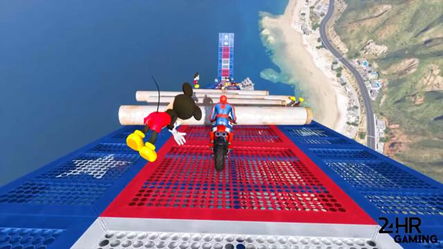 GTA 5 Spiderman vs Mickey Mouse Crazy Moto Parkour Jumps/Fails (Euphoria Physics Funny Moments)